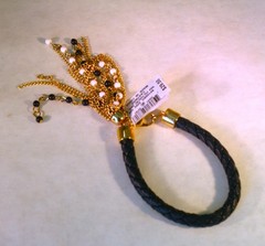Inc gold tone black faux leather, bead & chain tassel bracelet 7″