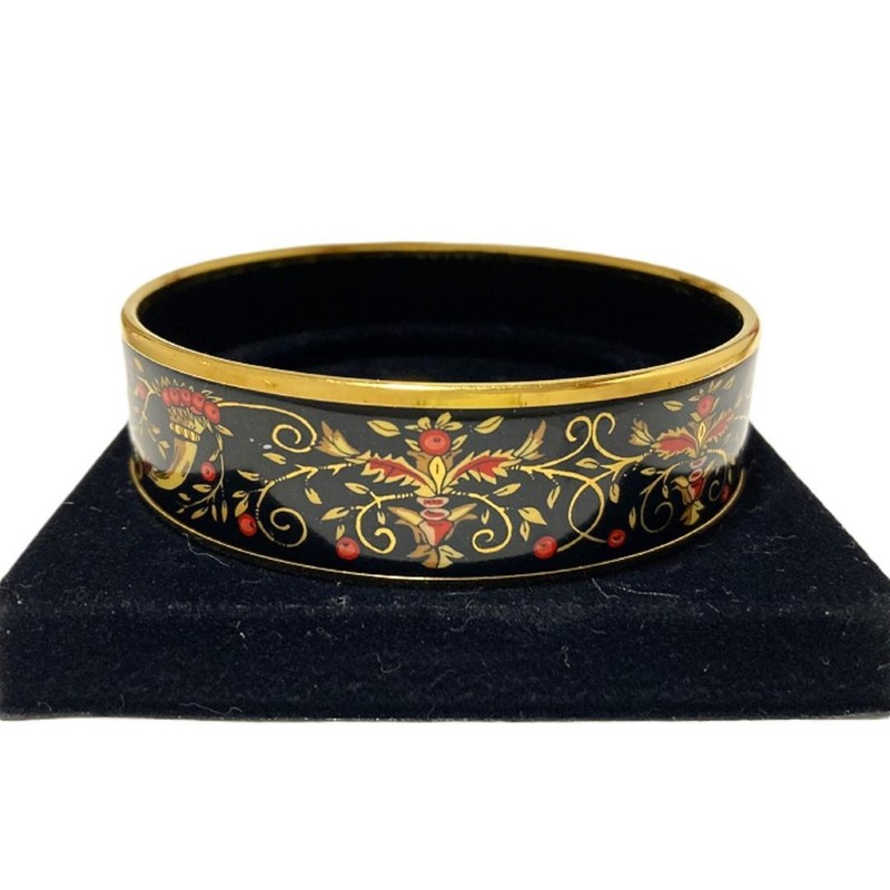 HERMES Emaille GM Enamel Bangle Bracelet Black Gold Red Multi-color Pre-owned gallery