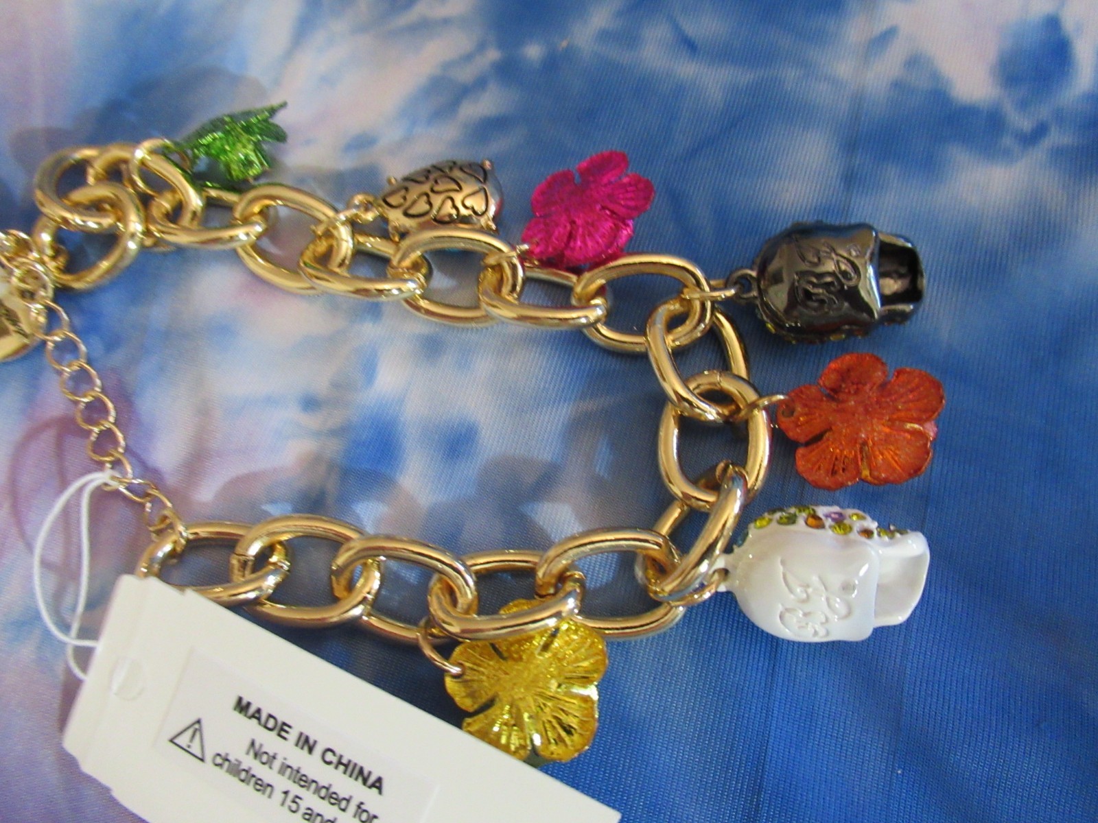 BETSEY JOHNSON Authentic Flower Skull Charm Link Bracelet NWT gallery