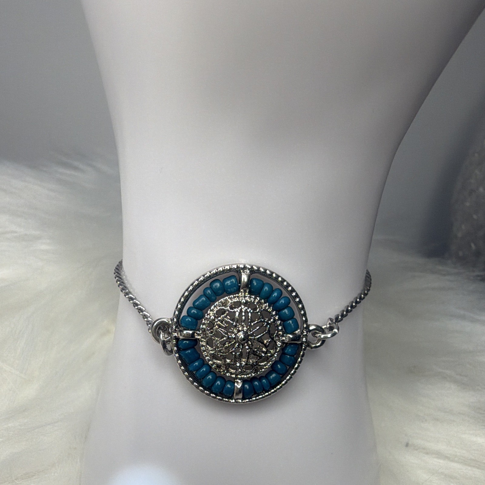Silver Tone Blue Beaded Rope Chain Bracelet, Adjustable Slide, Round Medallion gallery