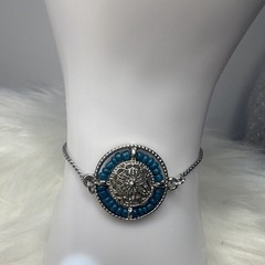 Silver Tone Blue Beaded Rope Chain Bracelet, Adjustable Slide, Round Medallion