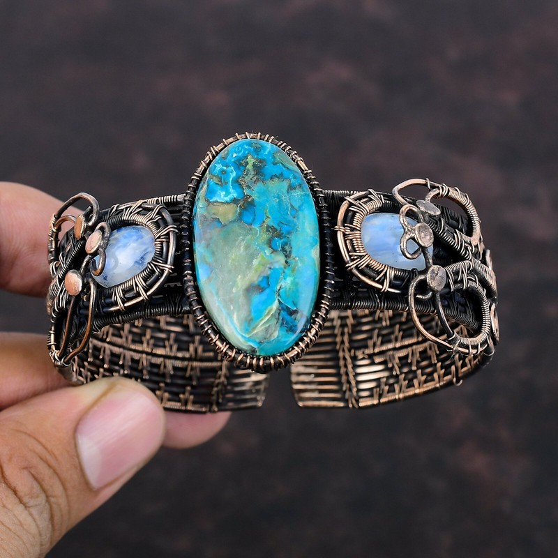 Memorial Day Deal Chrysocolla Stone Rainbow Moonstone Wire Wrapped Bangle Copper gallery