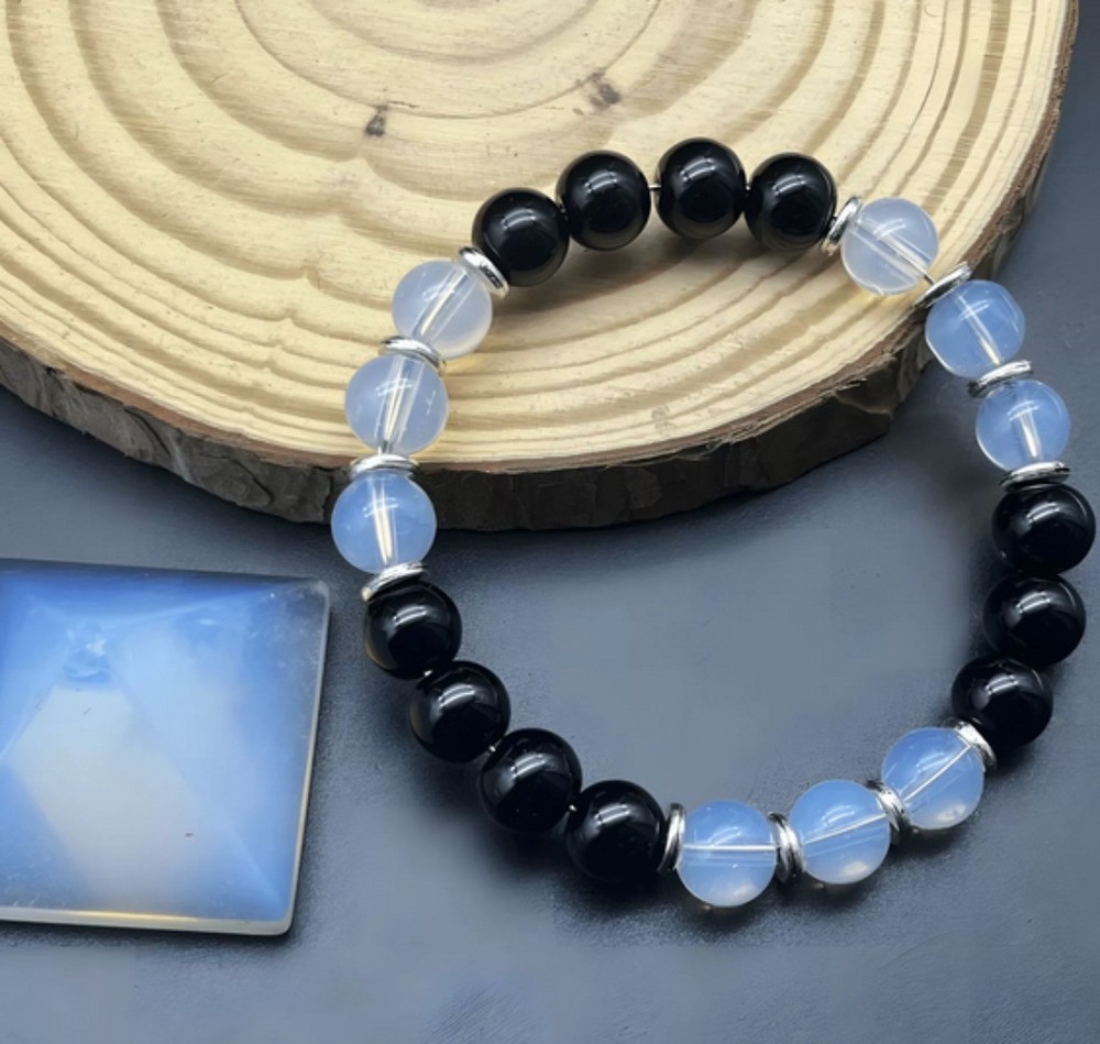 Natural 8mm White Opal Black Obsidian Gems Round Beads Stretch Bracelet 7..5in