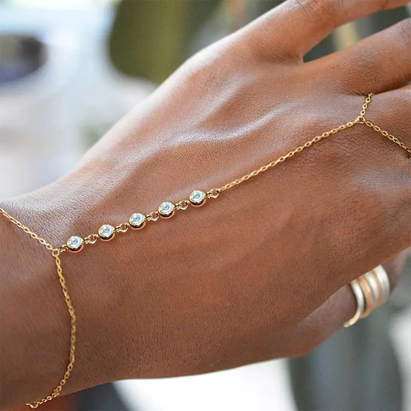 Stainless Steel Hand Chain Bracelet Women Zircon Beaded Link Ring Jewelry gallery