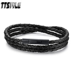 TTstyle 4mm Tri-Row Leather 316L Stainless Steel Bracelet 19-21.5cm Black Buckle