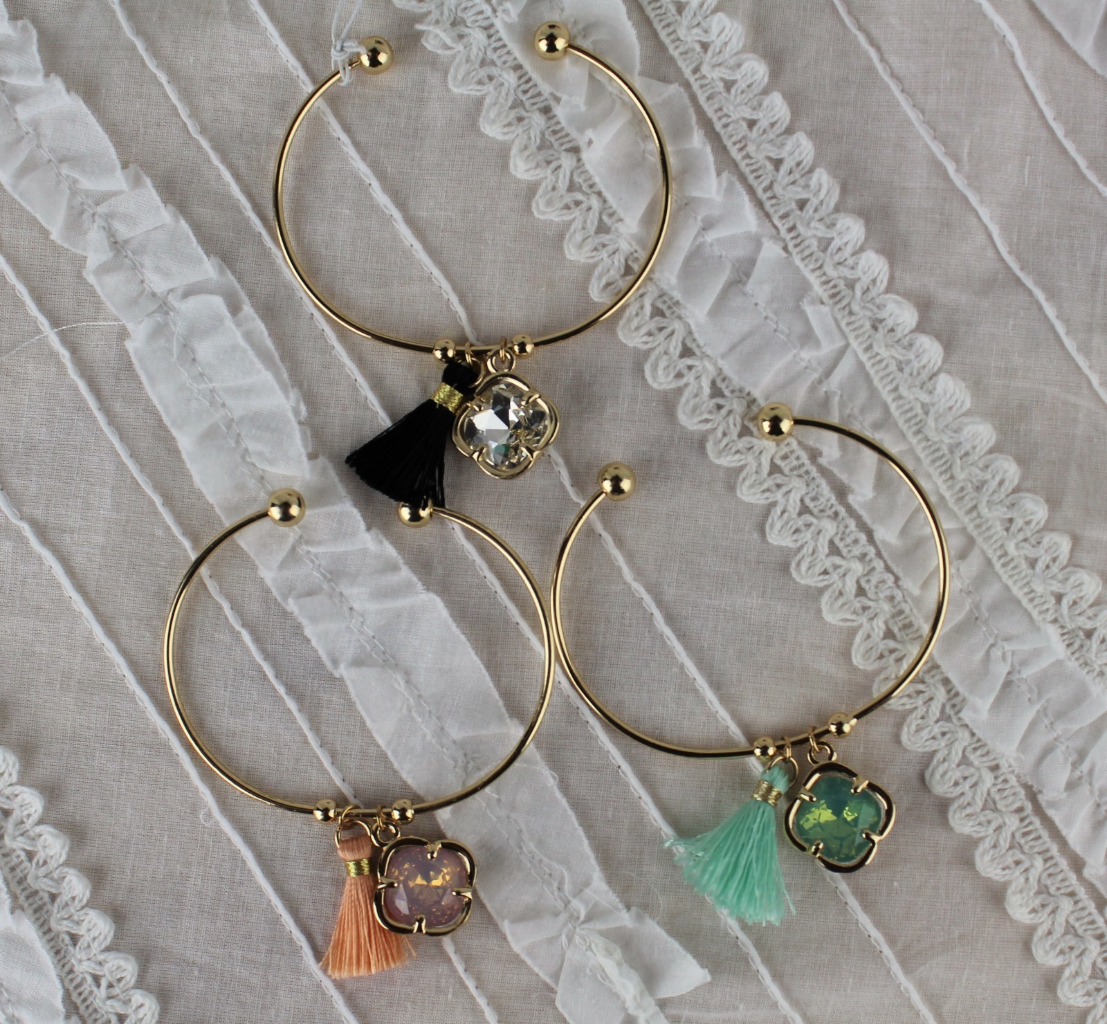 Gold Tassel Cuff Bracelet Thread Fringe and Crystal or Opal Charm 3 Colors gallery