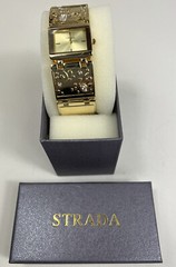 STRADA Gold Tone Sculpted Metal Crystal Adornments Rectangle Bracelet Watch NWT