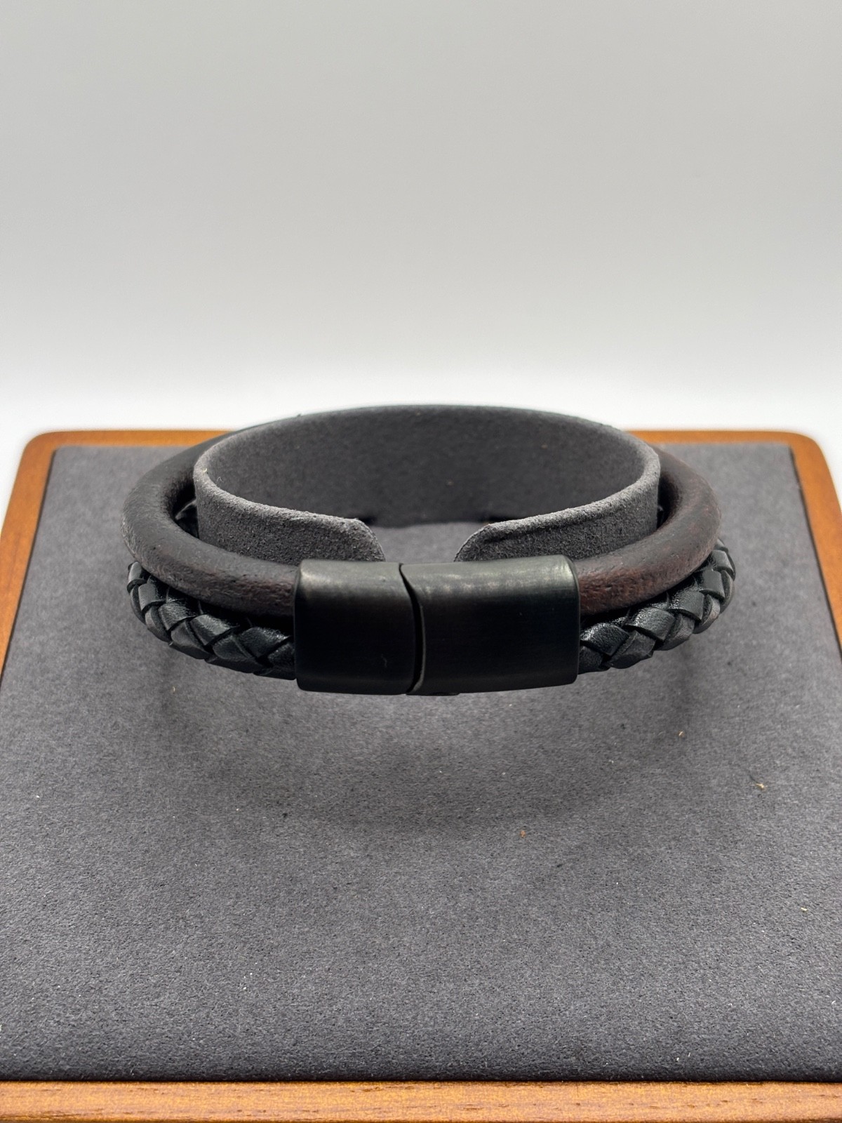 12mm MENS HANDMADE Black & Brown Braided Leather Bracelet 8in Long - BLACK CLASP gallery