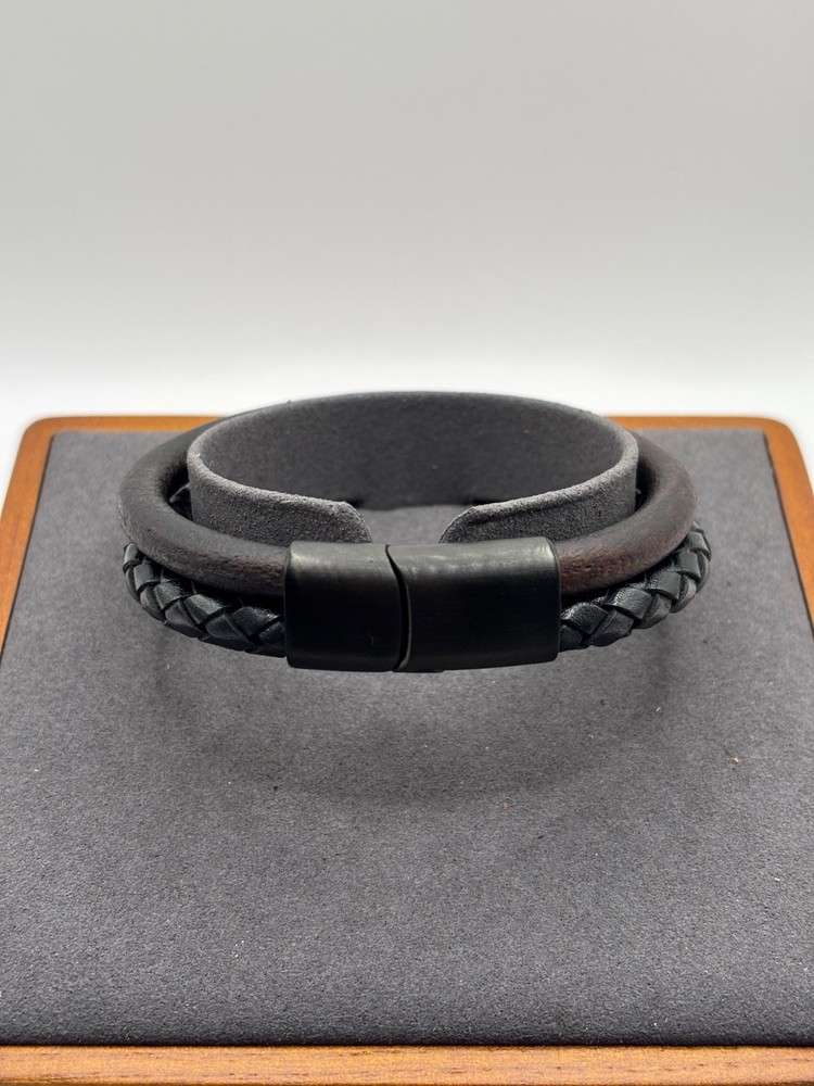 12mm MENS HANDMADE Black & Brown Braided Leather Bracelet 8in Long - BLACK CLASP