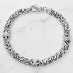 925 Sterling Silver 8″ Byzantine Chain Bracelet CZ X Stations Rhodium Finish