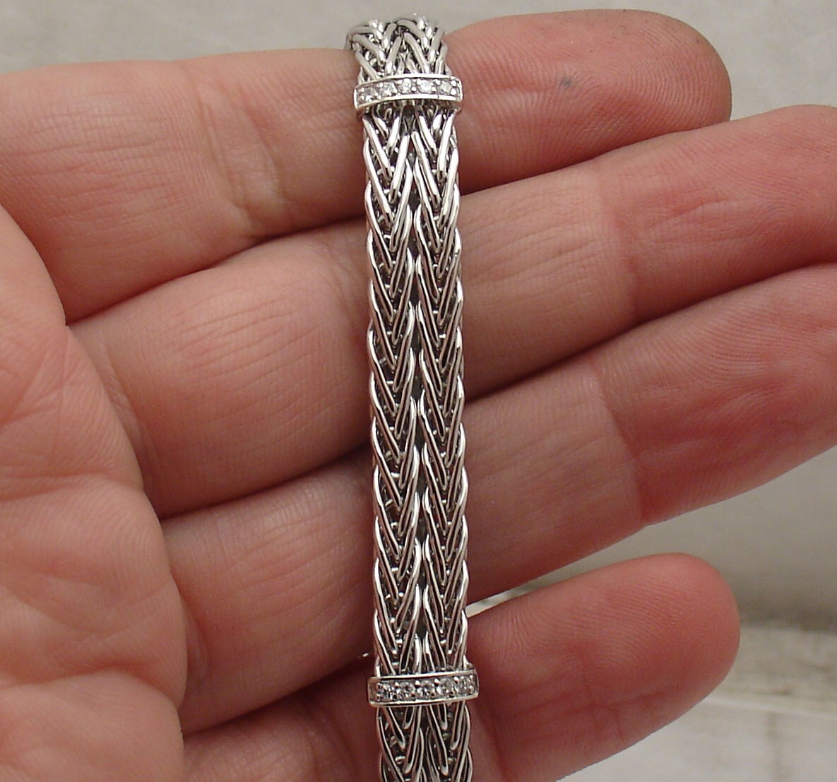 Double Row Wheat Woven Chain CZ Bar Bracelet Anti-Tarnish Real Sterling Silver gallery
