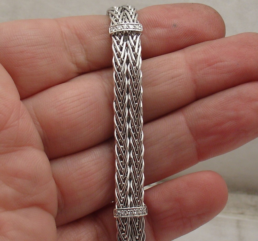 Double Row Wheat Woven Chain CZ Bar Bracelet Anti-Tarnish Real Sterling Silver