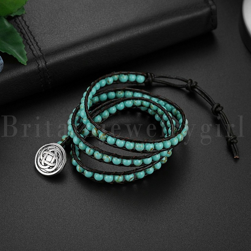 Handmade Celtic Knot Bracelet Leather Picasso Jasper Beaded Adjustable Wrap Cuff gallery