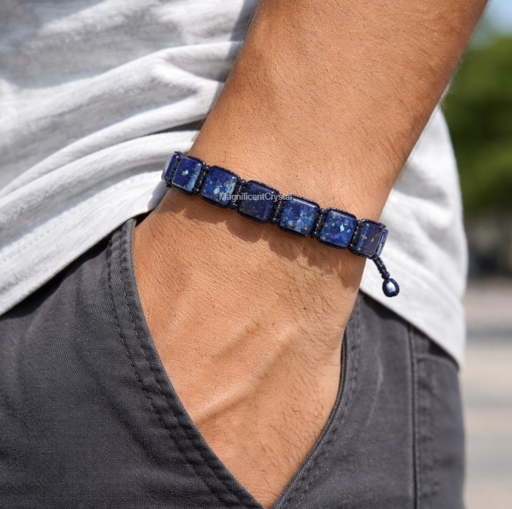 Natural Lapis Lazuli Square Bead Men Bracelet Blue Crystal Energy Healing Gift gallery