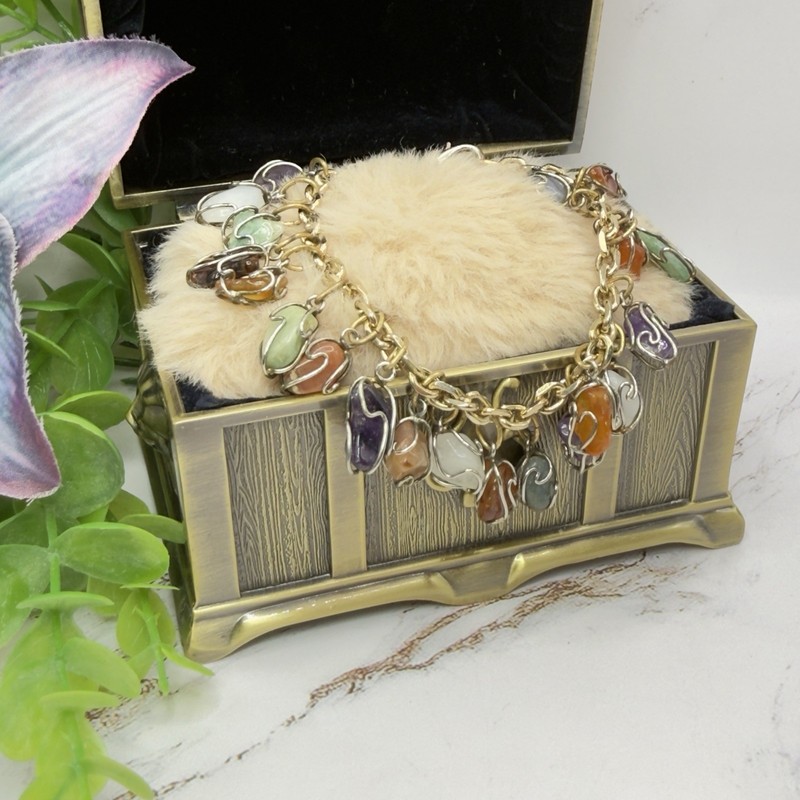 Vintage Multicolor Stone Wire Caged Gold Tone 7 1/2" Bracelet gallery