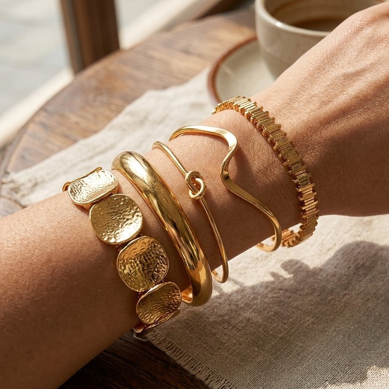 5Pcs Minimalist Gold Bangle Set, Stackable Open Cuff Bracelets for Women gallery