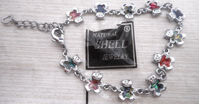 ABALONE Inlay Teddy Bear Bracelet Anklet Silver Tone Link Trendy Paula Shell 7.5 gallery