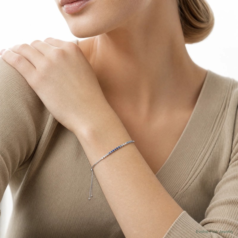 Sterling Silver Rhodium Created Blue Spinel & CZ Adjustable Bracelet gallery