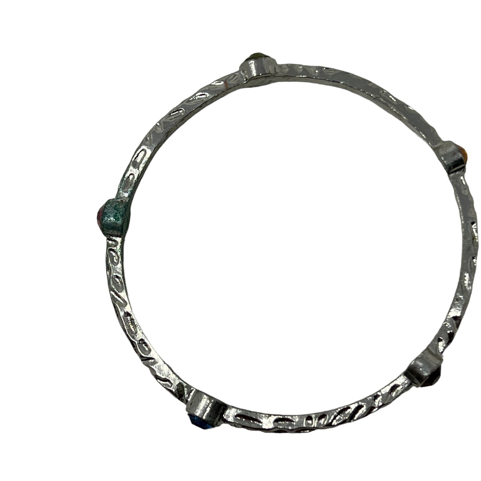 Bangle Silver Tone Multi Color Rhinestone Stations Hammered Texture Bracelet gallery