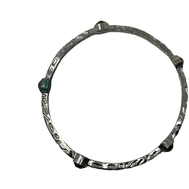 Bangle Silver Tone Multi Color Rhinestone Stations Hammered Texture Bracelet gallery
