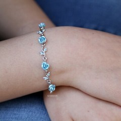 Cute Blue ROSE FLOWER made with Swarovski Crystal Floral Bridal Wedding Bracelet