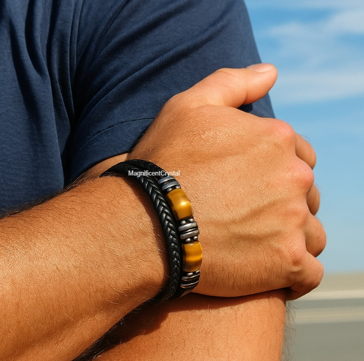 Double Tiger Eye Stone Black Leather Men Bracelet Protection Healing Jewelry gallery