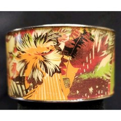 Chunky Wide Boho Fall Colored Leaves Patten Clamper Bangle Bracelet Gold Tone