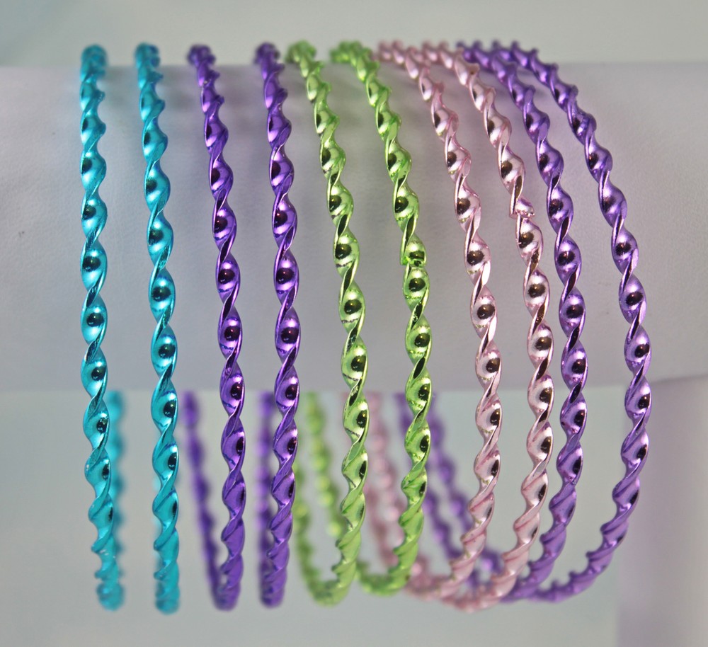 Set of 10 Twisted Steel 2mm Bangle Bracelets in 5 Colors 2.5" Inside Diameter