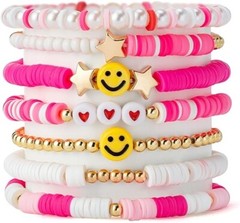 Preppy Bracelets Set Colorful White Gold Smile Heart Star Pink Beaded Pearl
