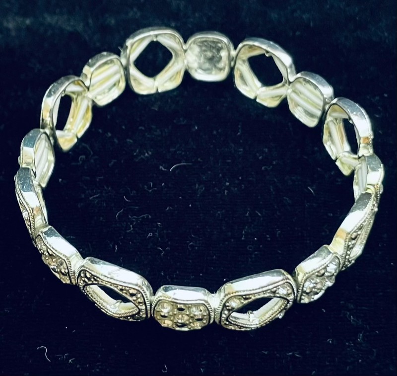 Clear Rhinestone Bracelet Silver Tone Stretch Art Deco Inspired Geometric Open gallery
