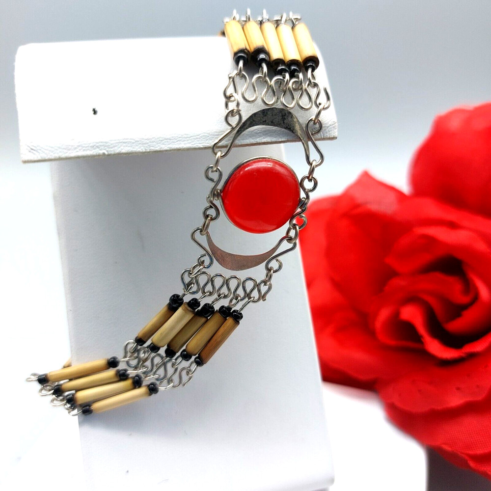 Awesome Light Weight Native Look Bracelet Red Bead Brown Wood (?) Bars S Hook 8"