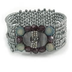 Light Grey Glass Bead and Shell Flex Bracelet – 18cm L