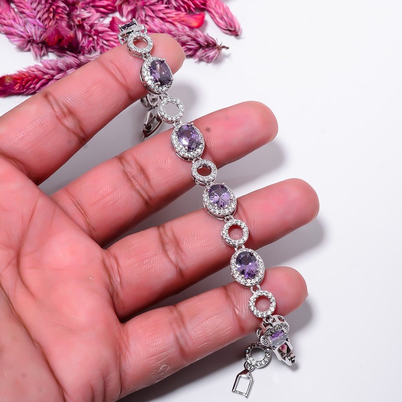 Purple Amethyst, CZ 925 Sterling Silver Adjustable Bracelet 7-8" B132213 gallery