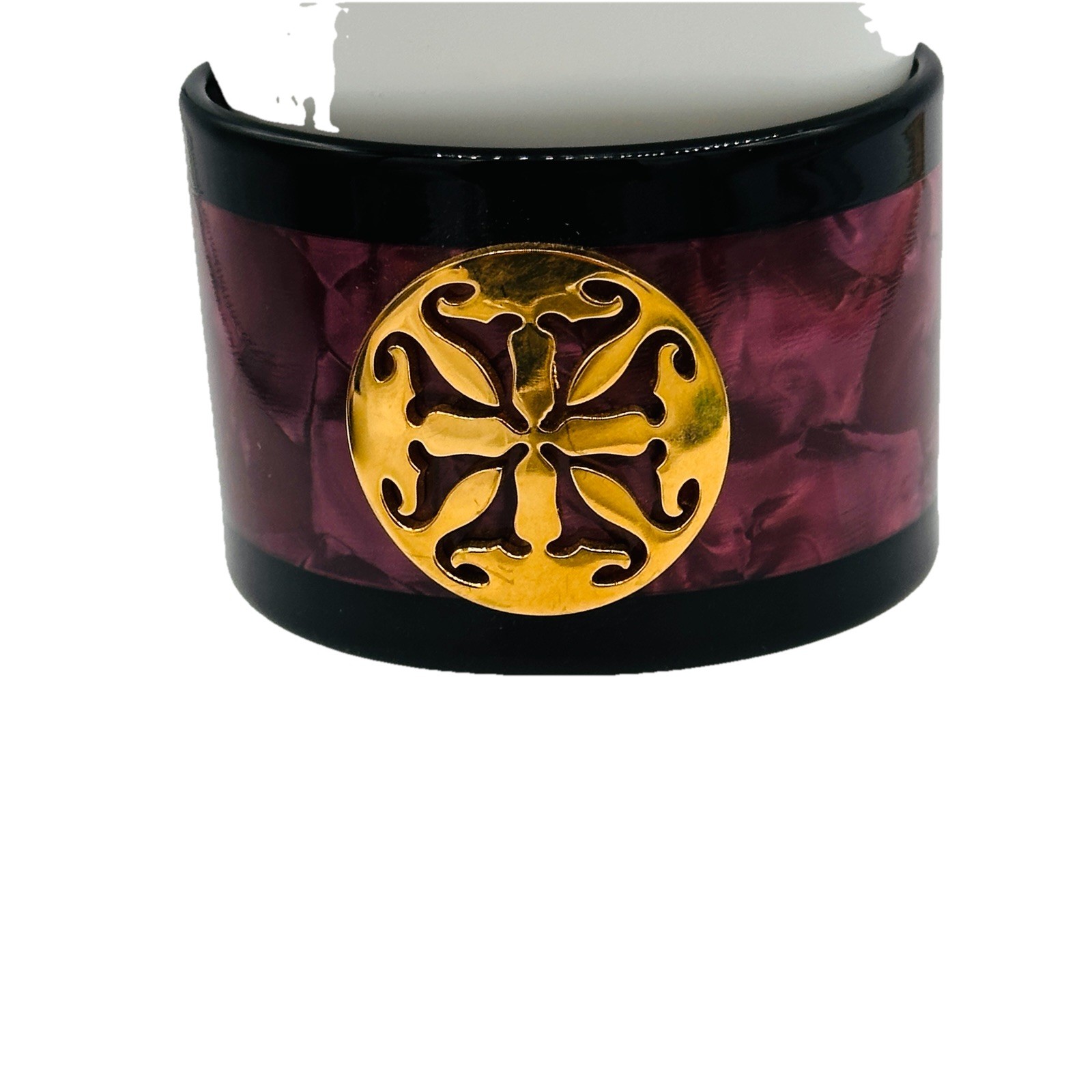 Rustic Cuff Wide Lucite Cuff Bracelet Plum Marbled Gold Medallion Statement gallery