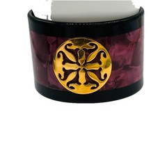 Rustic Cuff Wide Lucite Cuff Bracelet Plum Marbled Gold Medallion Statement