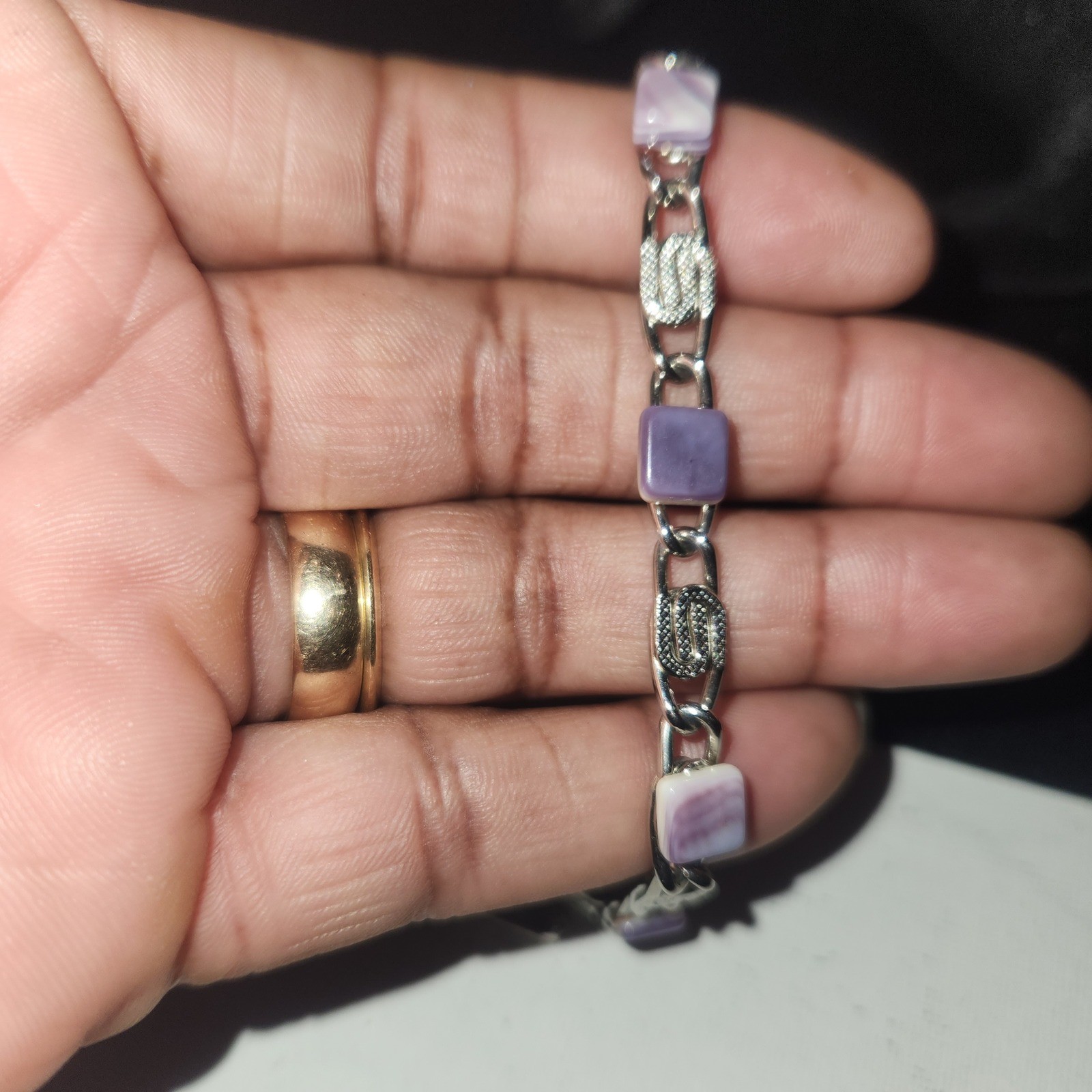 Vintage Silver Tone Purple Resin Square Link Bracelet 7 Inch Geometric Clasp gallery