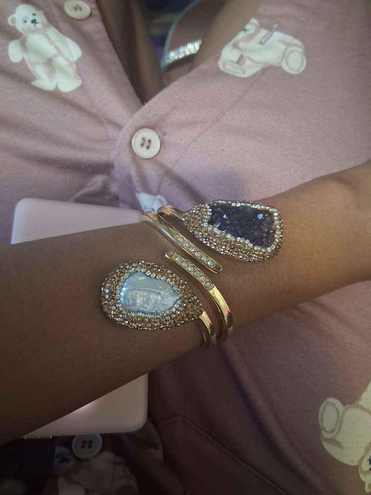 Gold Tone Open Cuff Bracelet 2 Teardrop Stones Multicolor Rhinestone Sizable gallery