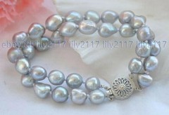 2 Rows Natural Gray 7-8/8-9/9-10mm Baroque Freshwater Pearl Bracelets 7.5″