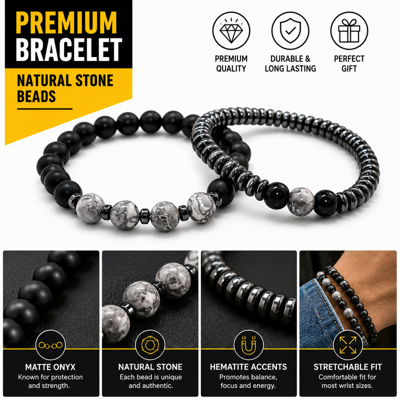 2PCS Magnetic Hematite Bead Bracelet Set Men Women Energy Therapy Jewelry gallery