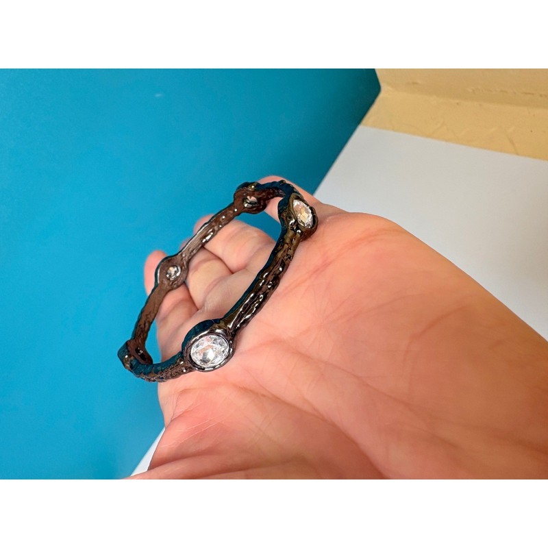 Gunmetal Molten Textured Bangle Bracelet with Large Clear Oval Crystals 8 Inch gallery