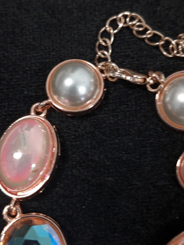 Rose Gold Tone Pink Iridescent AB Crystal Faux Pearl Bezel Tennis Bracelet 9 in gallery