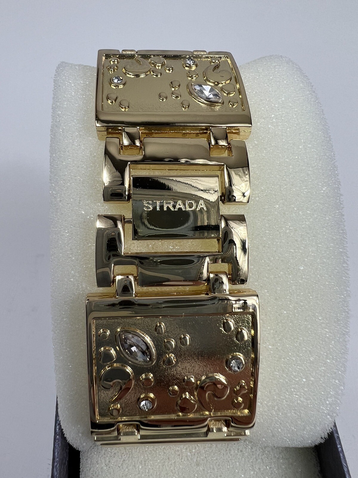 STRADA Gold Tone Sculpted Metal Crystal Adornments Rectangle Bracelet Watch NWT gallery