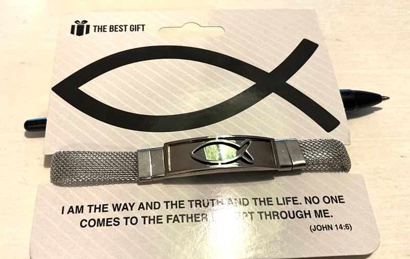 8” Unisex Christian Bracelet Jesus, Fish, Stainless Steel Mesh + Safety Clasp gallery