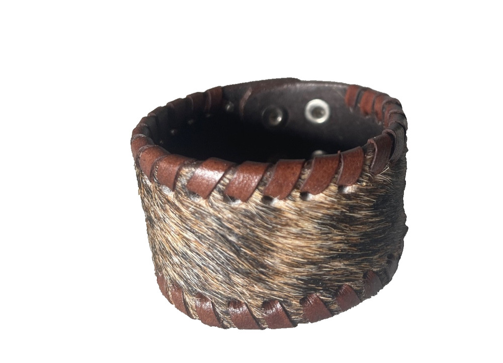 Western Unisex Bracelet 9 x 1.5 in Brindle Cowhide Leather Lace Snap Cowboy Br