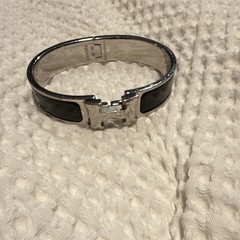 Hermès Signed Hinged Bangle Bracelet Silver Tone w/ Black Enamel Inlay France