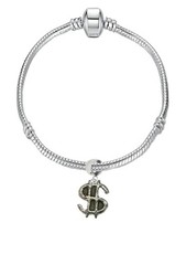 Z8 dollar peso sign Pewter charm on silver Rhodium Plate Snake Bracelet