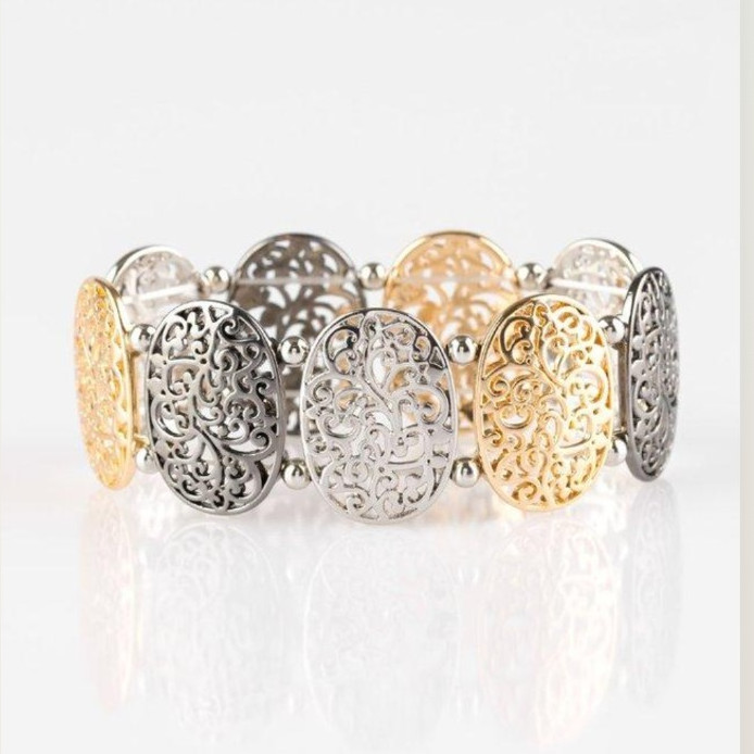 Paparazzi Multicolor Oval Filigree Metal Stretch Bangle Bracelet
