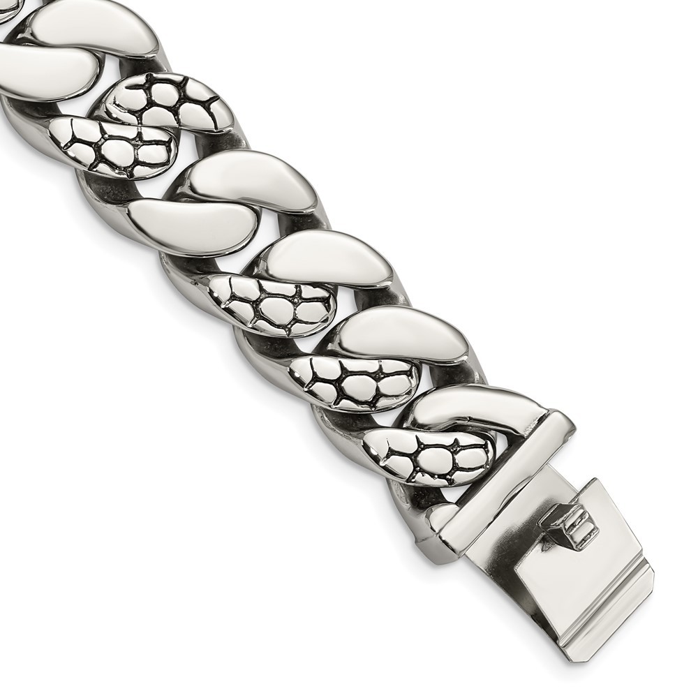 Stainless Steel Polished and Textured Snake Skin Design Curb Bracelet 8.5"