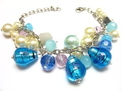 BLUE FANCY TEAR DROP MURANO GLASS FAUX PEARLS CHARM BRACELET