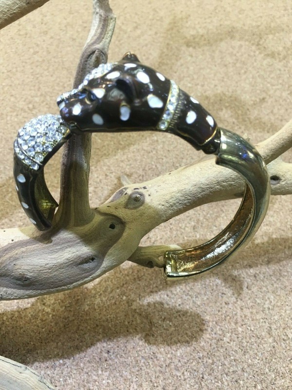 LEOPARD JAGUAR BANGLE CUFF SILVER TONE BRACELET BLACK ENAMEL SPARKLE RHINESTONE gallery